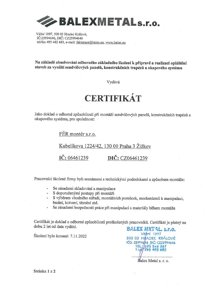 Certifikát k instalaci panelů Balexmetal
