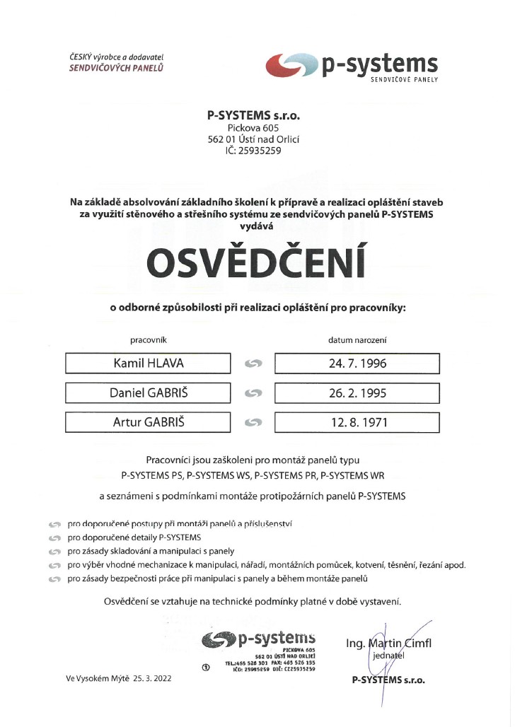 Certifikát k instalaci panelů P-systems